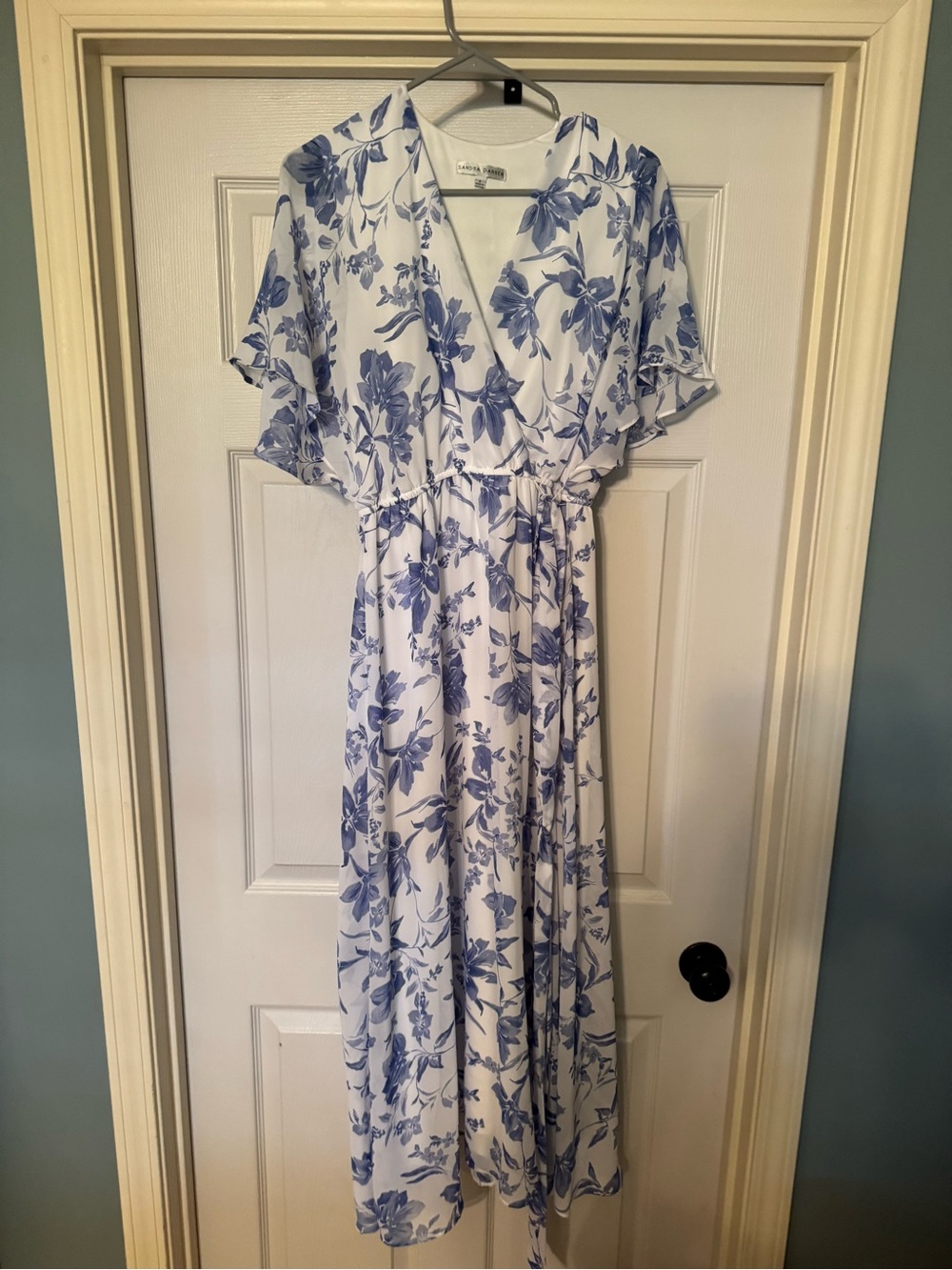 Sandra Darren White Maxi Dress with Blue Floral Print
